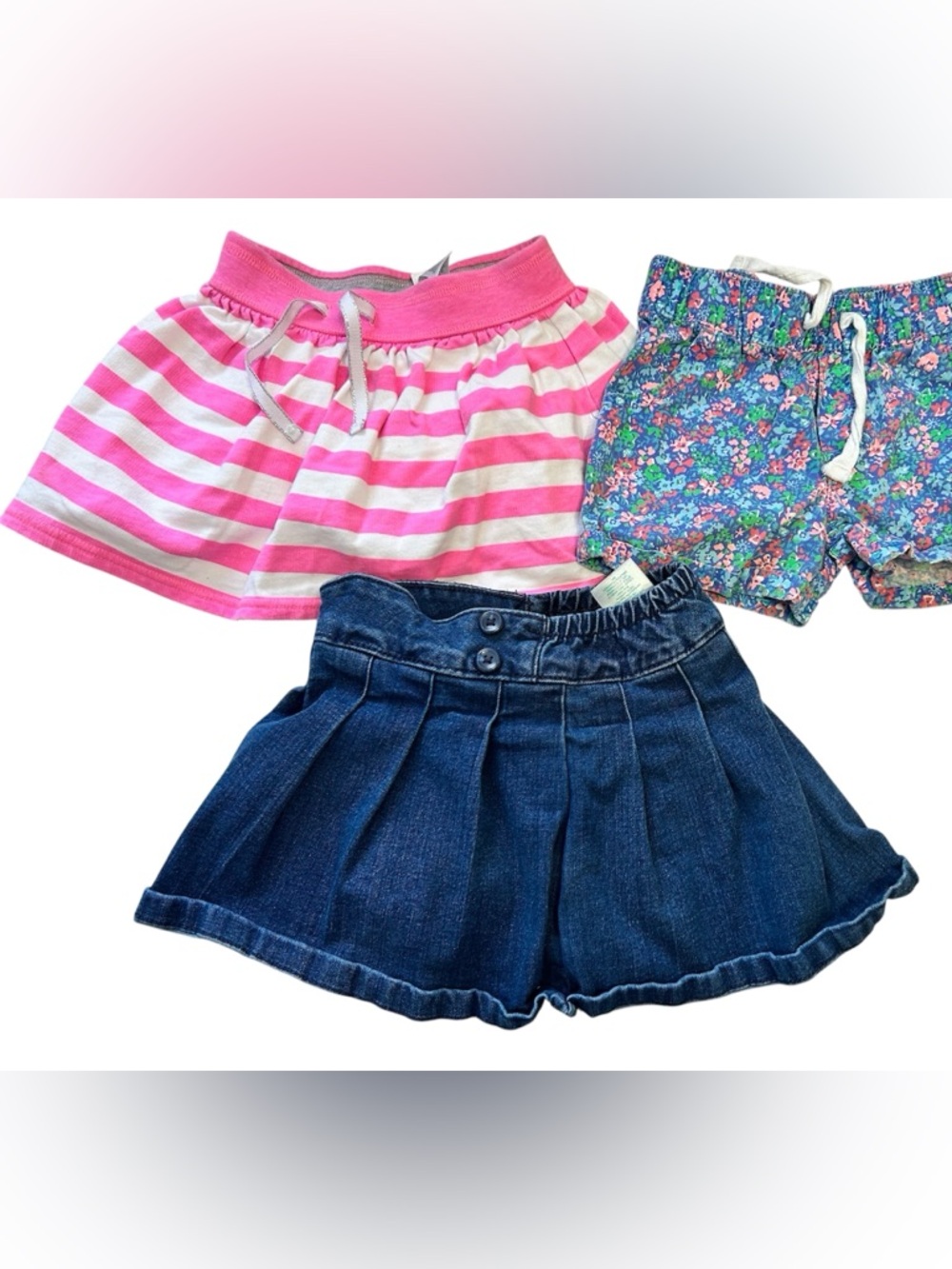 Bundle & save - 3T Girls' Pink Stripe Skirt, Floral Shorts & Denim Skort Set